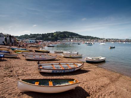 Back Beach in Teignmouth, lined with small boats
