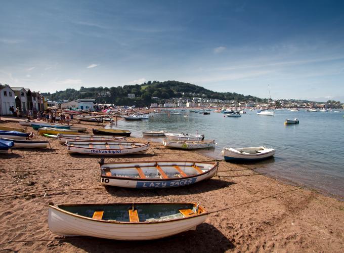 Back Beach in Teignmouth, lined with small boats